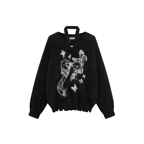 慵懶風復古露肩掛脖毛衣女秋冬新款寬松慵懶風仿貂絨針織衫上衣