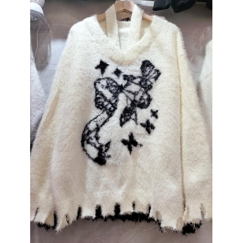 慵懶風復古露肩掛脖毛衣女秋冬新款寬松慵懶風仿貂絨針織衫上衣