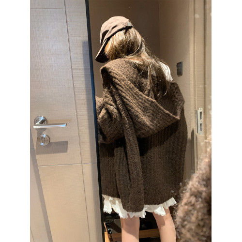 法式氛圍感咖色連帽毛衣外套女秋冬季軟糯奶呼呼氣質高級針織開衫 法式氛圍感咖色連帽毛衣外套女秋冬季軟糯奶呼呼氣質高級針織開衫