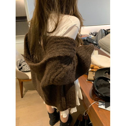 法式氛圍感咖色連帽毛衣外套女秋冬季軟糯奶呼呼氣質高級針織開衫 法式氛圍感咖色連帽毛衣外套女秋冬季軟糯奶呼呼氣質高級針織開衫