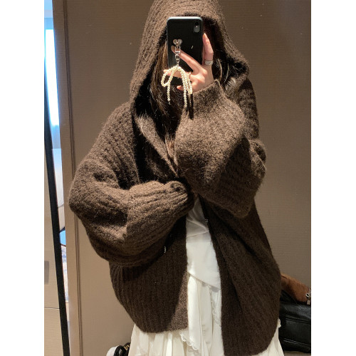 法式氛圍感咖色連帽毛衣外套女秋冬季軟糯奶呼呼氣質高級針織開衫 法式氛圍感咖色連帽毛衣外套女秋冬季軟糯奶呼呼氣質高級針織開衫