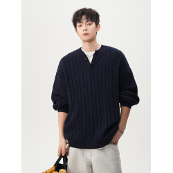 美式本命年紅色休閒毛衣男女冬季潮牌亨利領麻花針織衫慵懶風外套