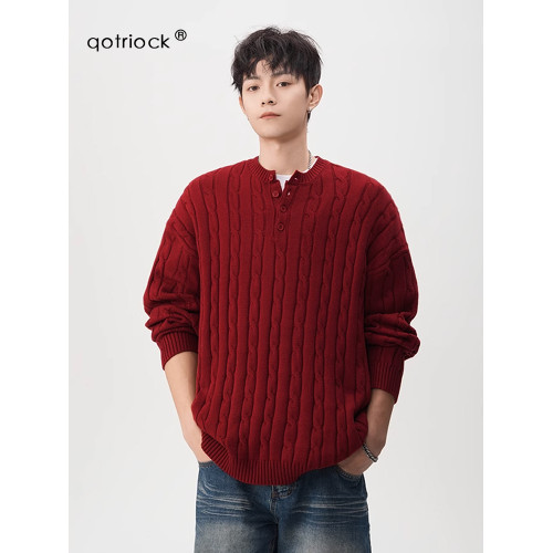 美式本命年紅色休閒毛衣男女冬季潮牌亨利領麻花針織衫慵懶風外套 美式本命年紅色休閒毛衣男女冬季潮牌亨利領麻花針織衫慵懶風外套