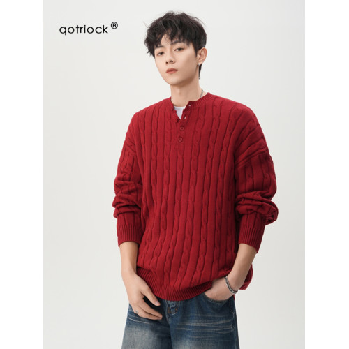 美式本命年紅色休閒毛衣男女冬季潮牌亨利領麻花針織衫慵懶風外套 美式本命年紅色休閒毛衣男女冬季潮牌亨利領麻花針織衫慵懶風外套