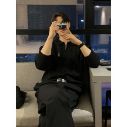 碧捨韓系雅痞潮牌麻花紋拉鍊翻領毛衣休閒百搭寬松慵懶套頭針織衫