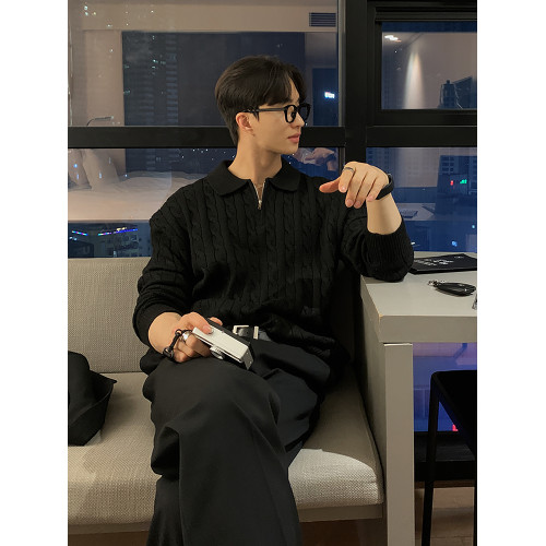 碧捨韓系雅痞潮牌麻花紋拉鍊翻領毛衣休閒百搭寬松慵懶套頭針織衫 碧捨韓系雅痞潮牌麻花紋拉鍊翻領毛衣休閒百搭寬松慵懶套頭針織衫