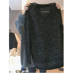 亮片v領套頭毛衣大碼微胖mm秋季慵懶風中長款寬松遮肚針織衫上衣