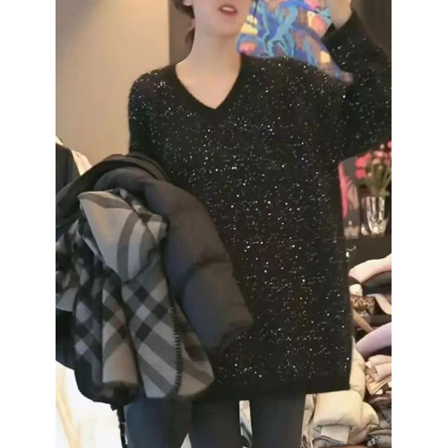 亮片v領套頭毛衣大碼微胖mm秋季慵懶風中長款寬松遮肚針織衫上衣 亮片v領套頭毛衣大碼微胖mm秋季慵懶風中長款寬松遮肚針織衫上衣