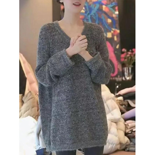 亮片v領套頭毛衣大碼微胖mm秋季慵懶風中長款寬松遮肚針織衫上衣 亮片v領套頭毛衣大碼微胖mm秋季慵懶風中長款寬松遮肚針織衫上衣