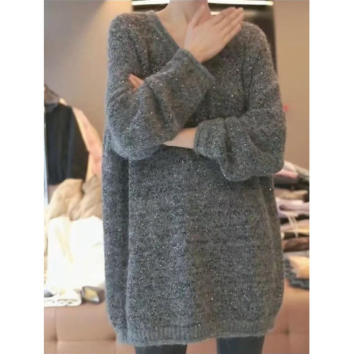 亮片v領套頭毛衣大碼微胖mm秋季慵懶風中長款寬松遮肚針織衫上衣 亮片v領套頭毛衣大碼微胖mm秋季慵懶風中長款寬松遮肚針織衫上衣