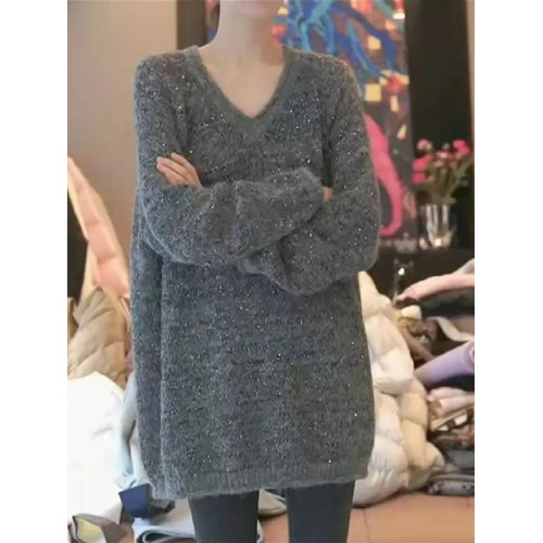 亮片v領套頭毛衣大碼微胖mm秋季慵懶風中長款寬松遮肚針織衫上衣 亮片v領套頭毛衣大碼微胖mm秋季慵懶風中長款寬松遮肚針織衫上衣