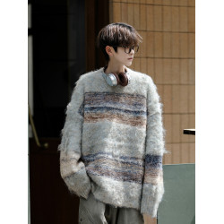 美式chic復古慵懶風漸變圓領毛衣男秋冬季潮牌情侶小衆寬松針織衫