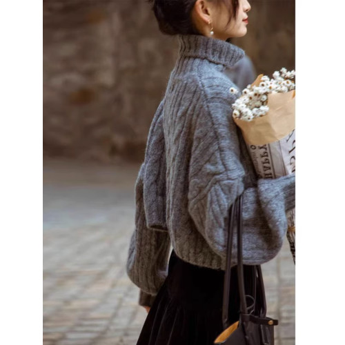 慵懶風灰色高領短款毛衣女秋冬2025新款休閒寬松港味復古chic上衣 慵懶風灰色高領短款毛衣女秋冬2025新款休閒寬松港味復古chic上衣