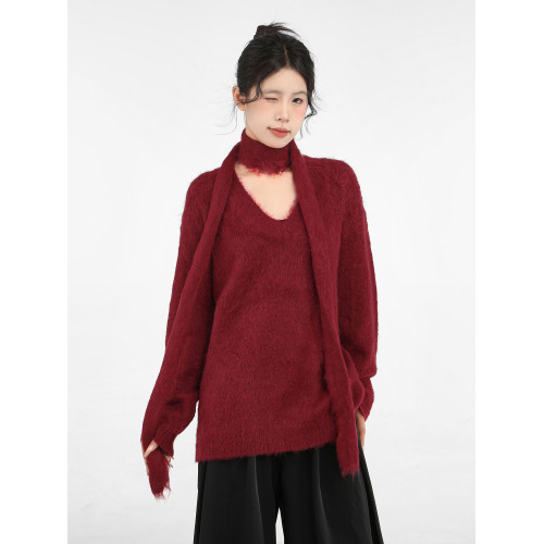 聖誕穿搭紅色水貂絨v領套頭毛衣女秋冬季慵懶加厚內搭圍巾針織衫 聖誕穿搭紅色水貂絨v領套頭毛衣女秋冬季慵懶加厚內搭圍巾針織衫