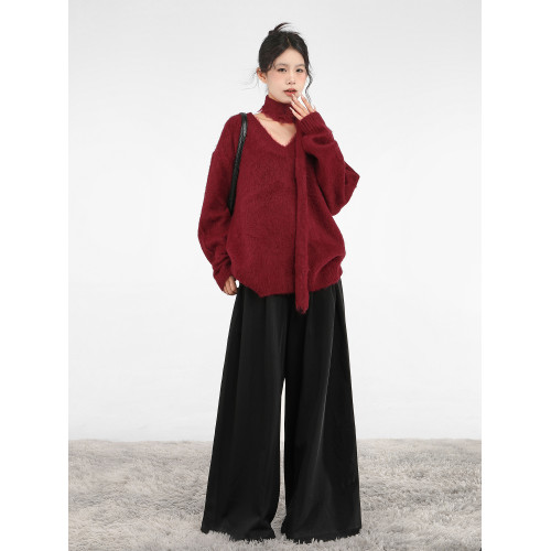 聖誕穿搭紅色水貂絨v領套頭毛衣女秋冬季慵懶加厚內搭圍巾針織衫 聖誕穿搭紅色水貂絨v領套頭毛衣女秋冬季慵懶加厚內搭圍巾針織衫