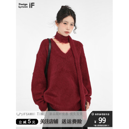 聖誕穿搭紅色水貂絨v領套頭毛衣女秋冬季慵懶加厚內搭圍巾針織衫 聖誕穿搭紅色水貂絨v領套頭毛衣女秋冬季慵懶加厚內搭圍巾針織衫