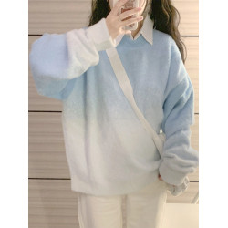 加厚漸變藍色毛衣女春秋季2025新款設計感套頭內搭針織打底衫上衣