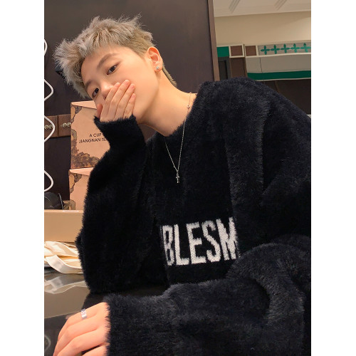 重磅馬海毛針織衫男冬季港風高街潮牌百搭情侶毛衣寬松慵懶風線衣 重磅馬海毛針織衫男冬季港風高街潮牌百搭情侶毛衣寬松慵懶風線衣