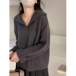 翻領浣熊絨設計感坑條毛衣女秋冬2024爆款新款慵懶溫柔針織衫上衣