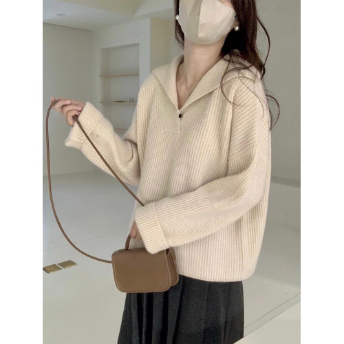 翻領浣熊絨設計感坑條毛衣女秋冬2024爆款新款慵懶溫柔針織衫上衣 翻領浣熊絨設計感坑條毛衣女秋冬2024爆款新款慵懶溫柔針織衫上衣