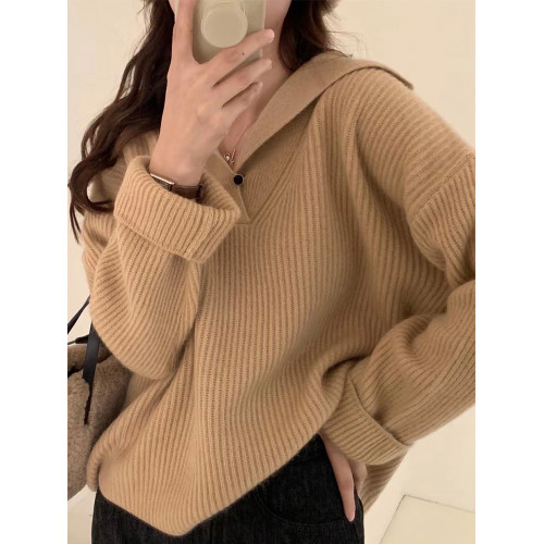 翻領浣熊絨設計感坑條毛衣女秋冬2024爆款新款慵懶溫柔針織衫上衣 翻領浣熊絨設計感坑條毛衣女秋冬2024爆款新款慵懶溫柔針織衫上衣