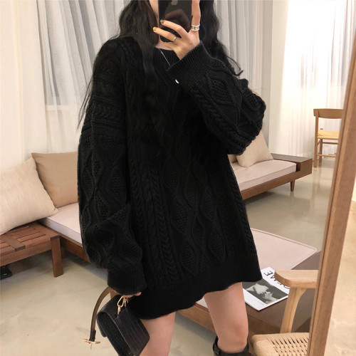 韓系復古高級感深灰色毛衣女秋冬寬松外穿慵懶風氣質麻花羊毛上衣 韓系復古高級感深灰色毛衣女秋冬寬松外穿慵懶風氣質麻花羊毛上衣