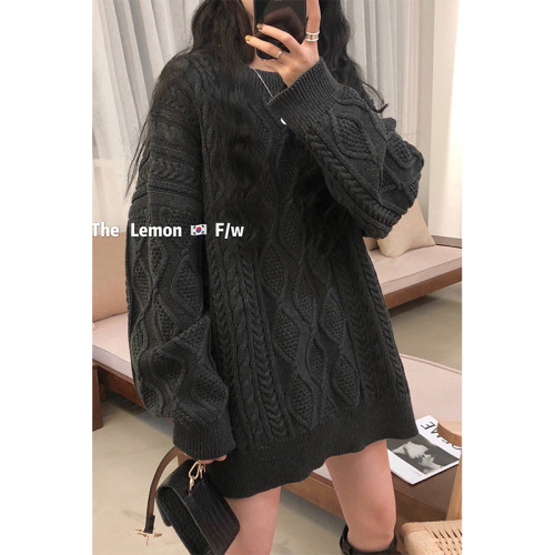 韓系復古高級感深灰色毛衣女秋冬寬松外穿慵懶風氣質麻花羊毛上衣 韓系復古高級感深灰色毛衣女秋冬寬松外穿慵懶風氣質麻花羊毛上衣