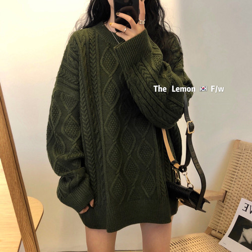 韓系復古高級感深灰色毛衣女秋冬寬松外穿慵懶風氣質麻花羊毛上衣 韓系復古高級感深灰色毛衣女秋冬寬松外穿慵懶風氣質麻花羊毛上衣