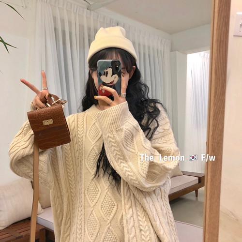 韓系復古高級感深灰色毛衣女秋冬寬松外穿慵懶風氣質麻花羊毛上衣 韓系復古高級感深灰色毛衣女秋冬寬松外穿慵懶風氣質麻花羊毛上衣