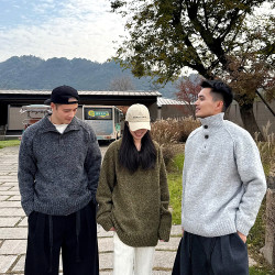 半開襟立領插肩袖毛衣2025新款時尚寬松休閒紐釦設計男裝針織上衣