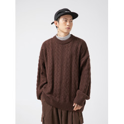 悟空有貨復古純色麻花圓領針織衫男秋季潮牌寬松情侶休閒百搭毛衣