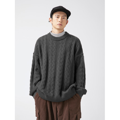 悟空有貨復古純色麻花圓領針織衫男秋季潮牌寬松情侶休閒百搭毛衣 悟空有貨復古純色麻花圓領針織衫男秋季潮牌寬松情侶休閒百搭毛衣