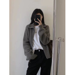 灰色浣熊絨半高領立領雙拉鍊毛衣外套女秋冬加厚外搭外穿針織開衫