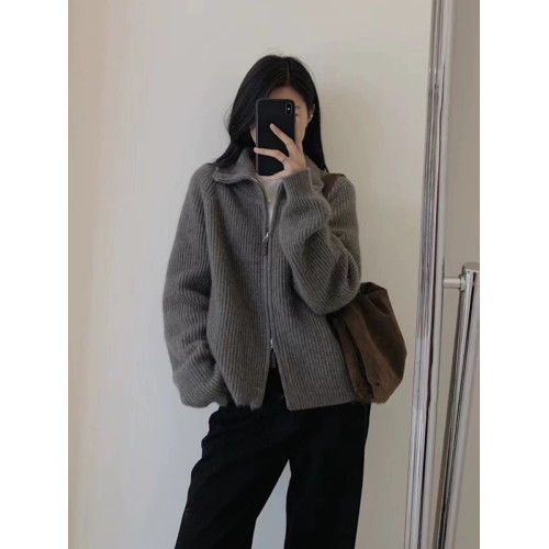 灰色浣熊絨半高領立領雙拉鍊毛衣外套女秋冬加厚外搭外穿針織開衫 灰色浣熊絨半高領立領雙拉鍊毛衣外套女秋冬加厚外搭外穿針織開衫