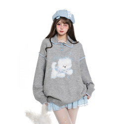 韓系可愛毛絨卡通polo領毛衣女生秋冬慵懶風巨好看休閒針織衫上衣