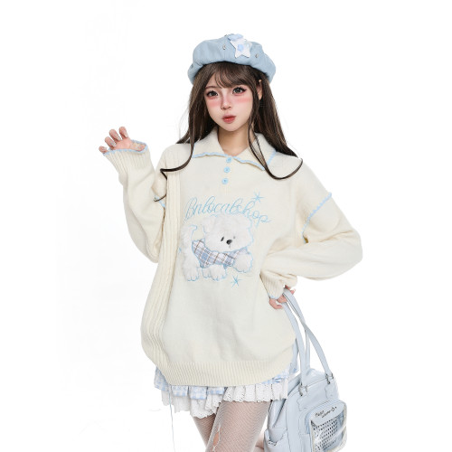 韓系可愛毛絨卡通polo領毛衣女生秋冬慵懶風巨好看休閒針織衫上衣 韓系可愛毛絨卡通polo領毛衣女生秋冬慵懶風巨好看休閒針織衫上衣