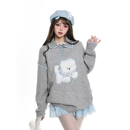 韓系可愛毛絨卡通polo領毛衣女生秋冬慵懶風巨好看休閒針織衫上衣 韓系可愛毛絨卡通polo領毛衣女生秋冬慵懶風巨好看休閒針織衫上衣