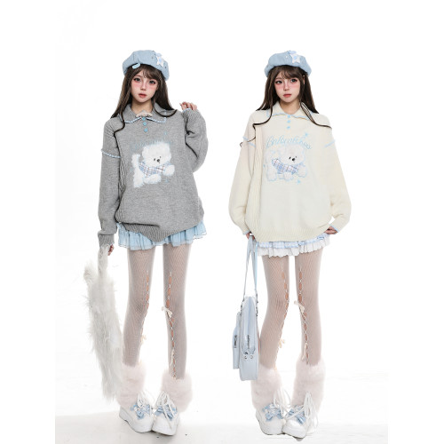 韓系可愛毛絨卡通polo領毛衣女生秋冬慵懶風巨好看休閒針織衫上衣 韓系可愛毛絨卡通polo領毛衣女生秋冬慵懶風巨好看休閒針織衫上衣