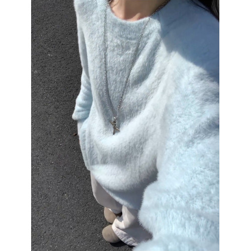 淺藍色馬海毛毛衣男女秋冬氛圍感穿搭長袖針織衫內搭美式情侶外套 淺藍色馬海毛毛衣男女秋冬氛圍感穿搭長袖針織衫內搭美式情侶外套