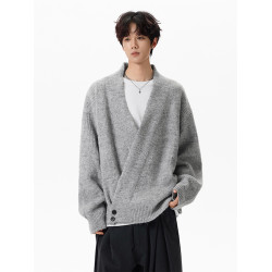 灰色不規則開衫毛衣外套男潮牌秋冬季寬松設計感慵懶風針織衫上衣