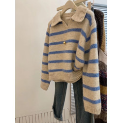 歐貨藍色條紋polo翻領長袖軟糯針織衫毛衣秋冬女慵懶復古套頭上衣