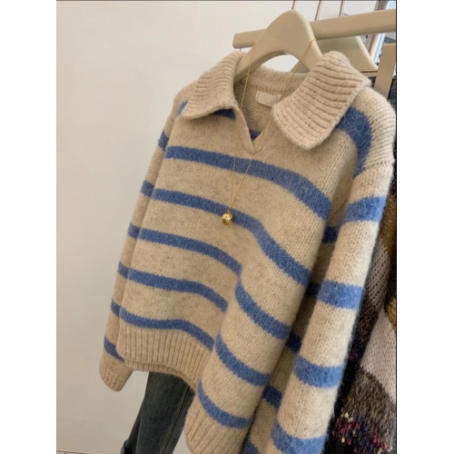 歐貨藍色條紋polo翻領長袖軟糯針織衫毛衣秋冬女慵懶復古套頭上衣 歐貨藍色條紋polo翻領長袖軟糯針織衫毛衣秋冬女慵懶復古套頭上衣