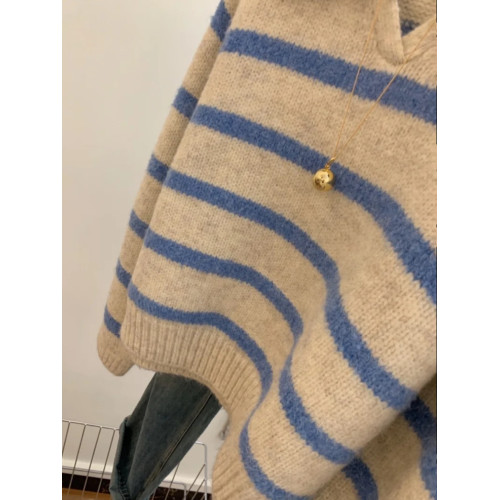歐貨藍色條紋polo翻領長袖軟糯針織衫毛衣秋冬女慵懶復古套頭上衣 歐貨藍色條紋polo翻領長袖軟糯針織衫毛衣秋冬女慵懶復古套頭上衣