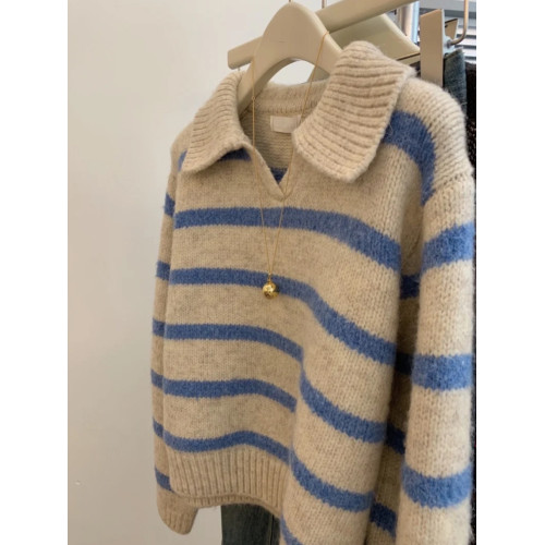 歐貨藍色條紋polo翻領長袖軟糯針織衫毛衣秋冬女慵懶復古套頭上衣 歐貨藍色條紋polo翻領長袖軟糯針織衫毛衣秋冬女慵懶復古套頭上衣