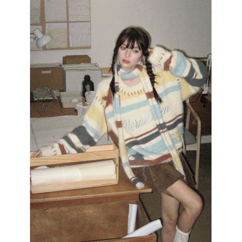 彩虹撞色甜美可愛馬海毛毛衣女秋冬奶fufu小個子軟糯針織衫上衣潮 彩虹撞色甜美可愛馬海毛毛衣女秋冬奶fufu小個子軟糯針織衫上衣潮