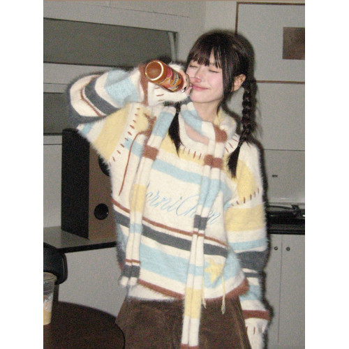 彩虹撞色甜美可愛馬海毛毛衣女秋冬奶fufu小個子軟糯針織衫上衣潮 彩虹撞色甜美可愛馬海毛毛衣女秋冬奶fufu小個子軟糯針織衫上衣潮