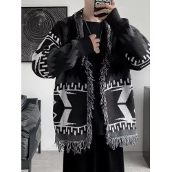 春秋復古民族風個性幾何針織衫男寬松情侶裝外穿中長款開衫毛衣男