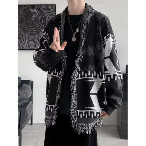 春秋復古民族風個性幾何針織衫男寬松情侶裝外穿中長款開衫毛衣男 春秋復古民族風個性幾何針織衫男寬松情侶裝外穿中長款開衫毛衣男