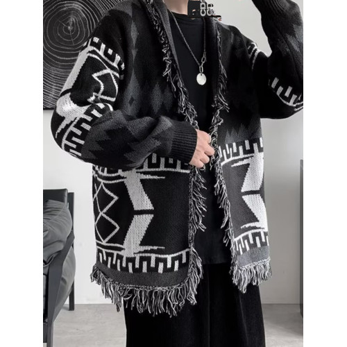 春秋復古民族風個性幾何針織衫男寬松情侶裝外穿中長款開衫毛衣男 春秋復古民族風個性幾何針織衫男寬松情侶裝外穿中長款開衫毛衣男