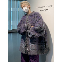 美式復古彩色編織馬海毛開衫毛衣男女潮牌情侶外套撞色拼接針織衫